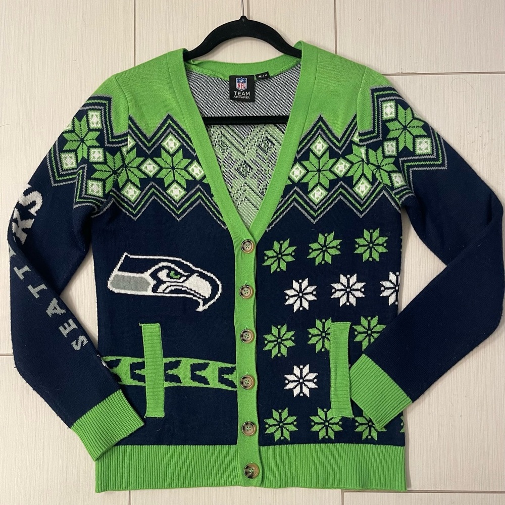 NFL SEATTLE SEAHAWKS Green and Blue Cardigan Sweater Super Bowl NFC Champions